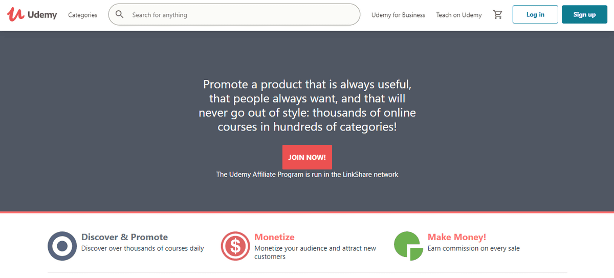 Udemy affiliate network homepage