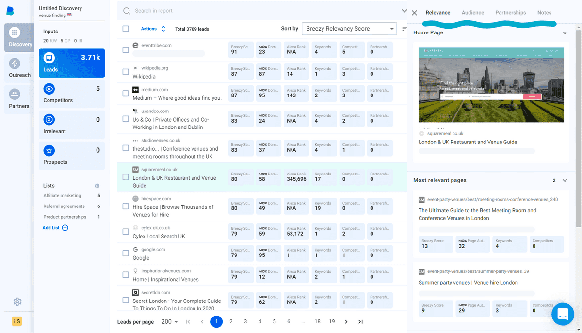 Audience, partnerships and notes tabs